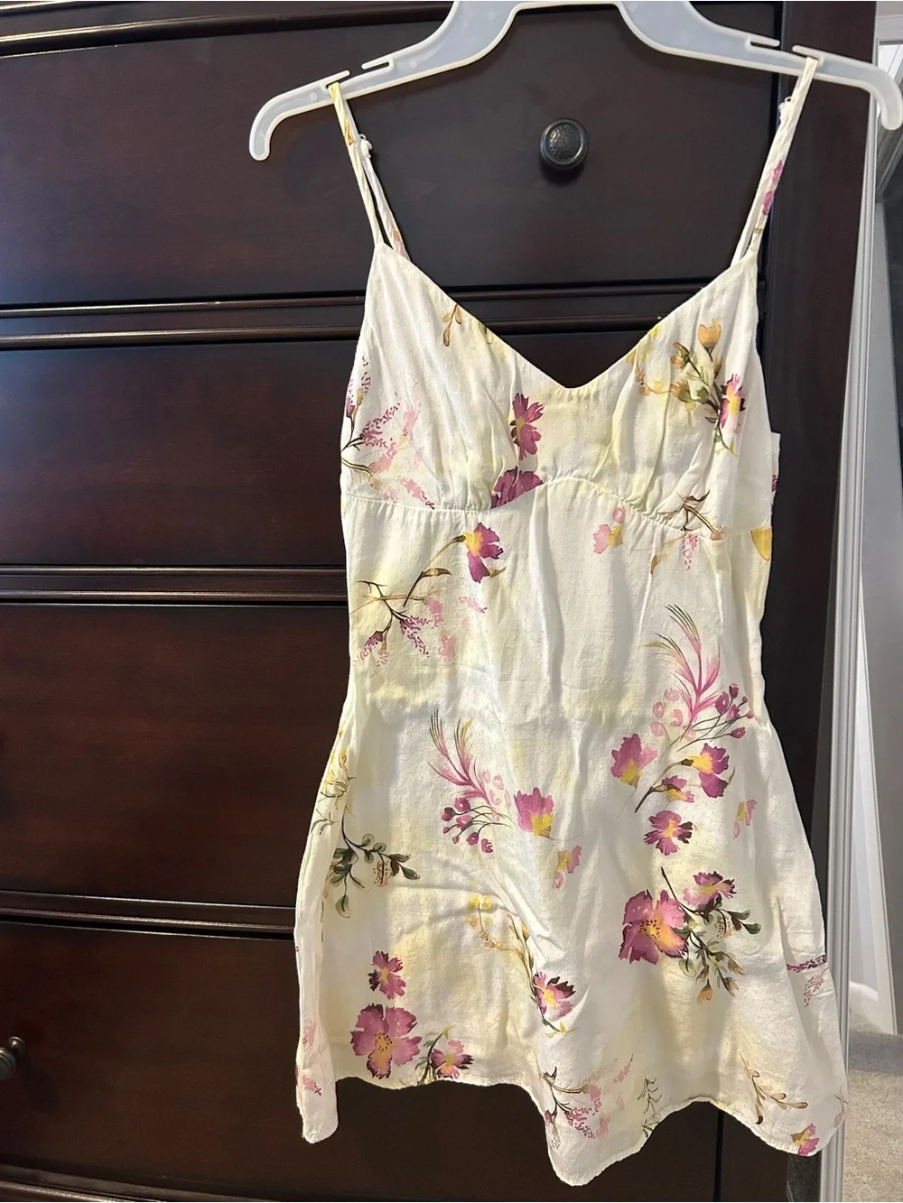Floral Spaghetti Strap Mini Dress - Cream with Pink Blooms - Picture 2 of 2
